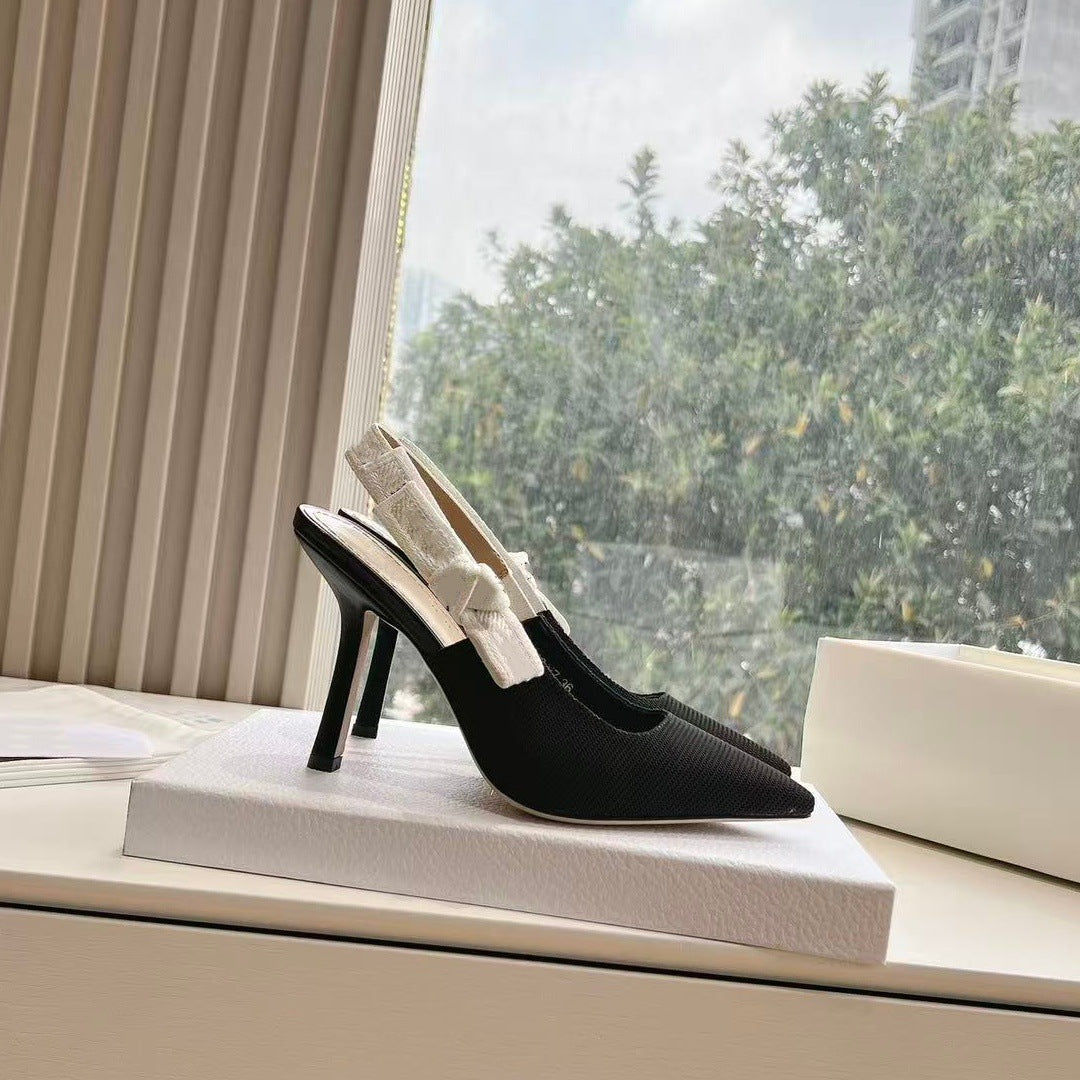Women's Embroidery Knitted Back Empty Toe Cap Heels