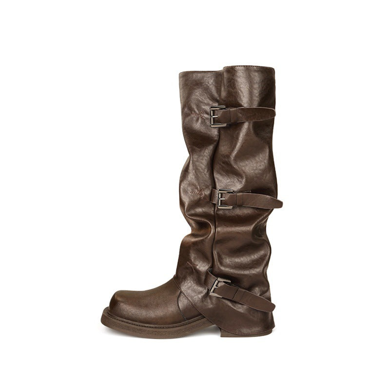 Women's Height Increasing Belt Buckle Head Amber Streamer Wind Western Pile Women's Leather Boots