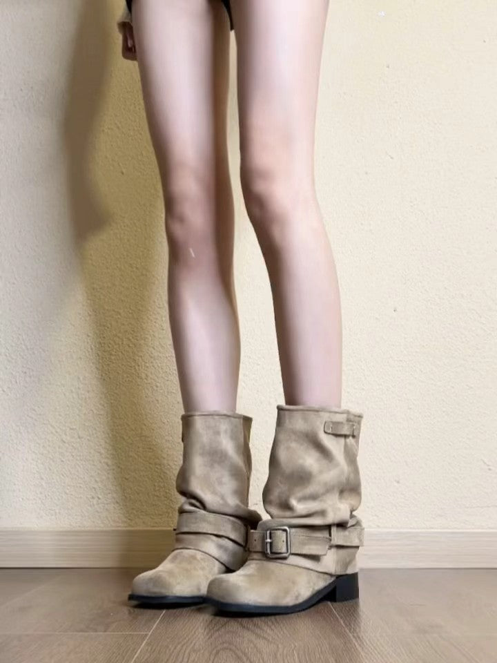Women's Denim Pile Style Pleated Pants Tube Short Winter Chunky Vintage Heels