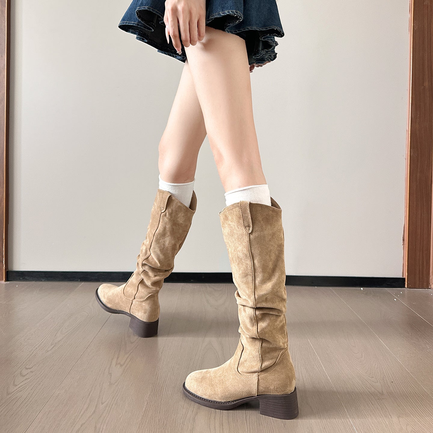 Women's Pile Style Chunky High Top Martin French Early Autumn Suede Women's Leather Boots