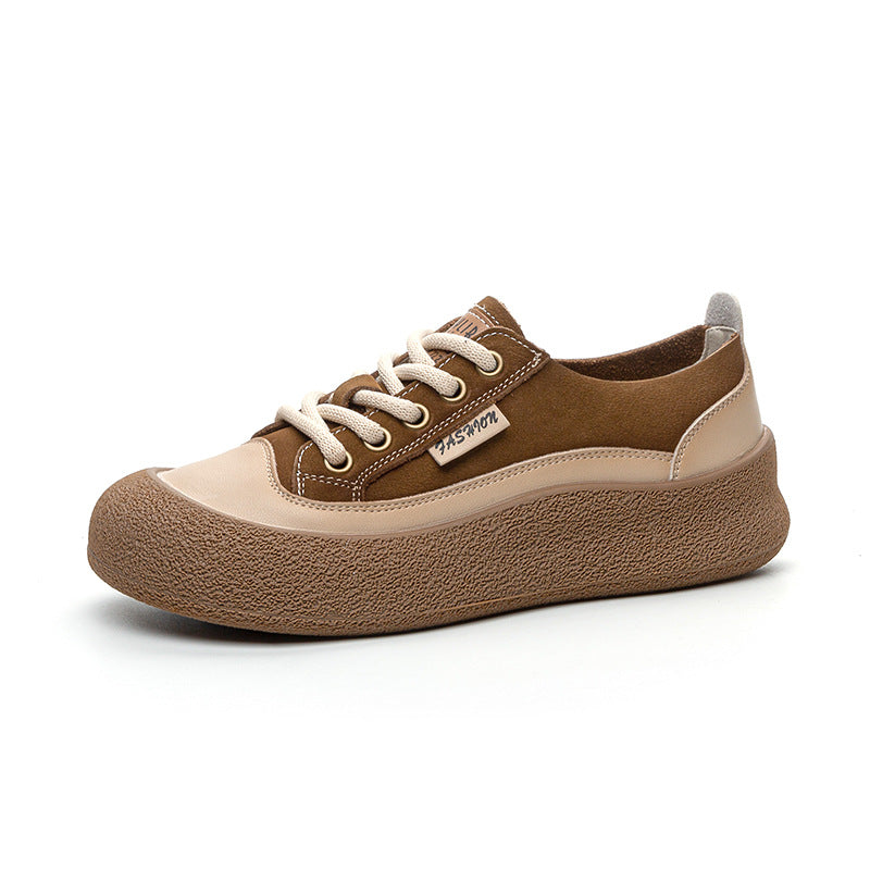 Women's Layer Cowhide Big Head Autumn Retro Color Matching Flat-heeled Casual Shoes