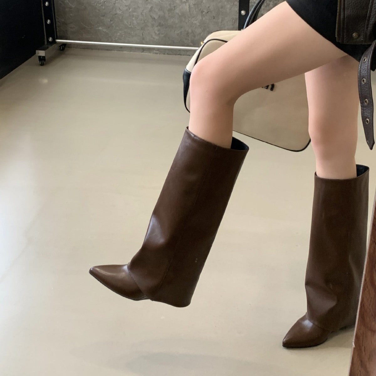 Women's Pointed Toe High Riding Wedge Pants Below Women's Leather Boots