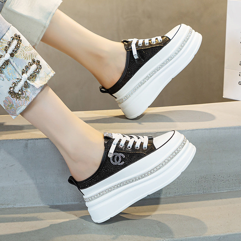 Women's Mesh Pearl Rhinestone Classic Style Leisure Thick-soles Slippers