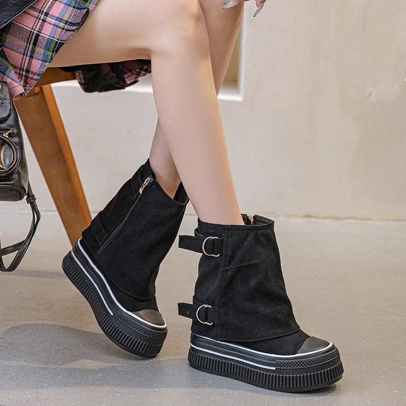 Women's Spring Thick-soled Height Increasing Western Sense Pure Color Women's Leather Boots
