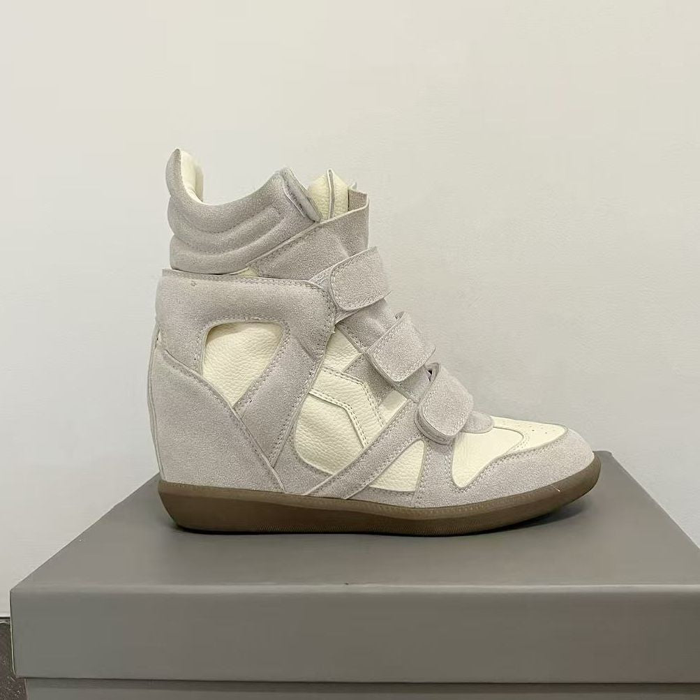 Women's Autumn Velcro Invisible Height Increasing Insole Wedge Leather Shoes