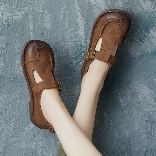Cowhide British Style Handmade Round Head Buckle Women's Casual Shoes