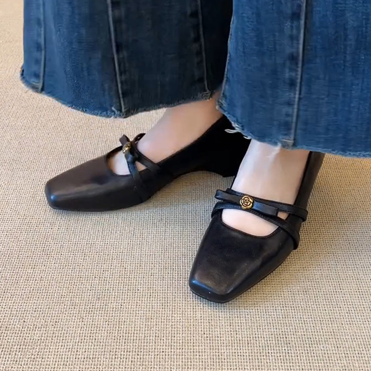 Artistic Retro Height Increasing Insole Low-cut Female Square Toe Leather Shoes