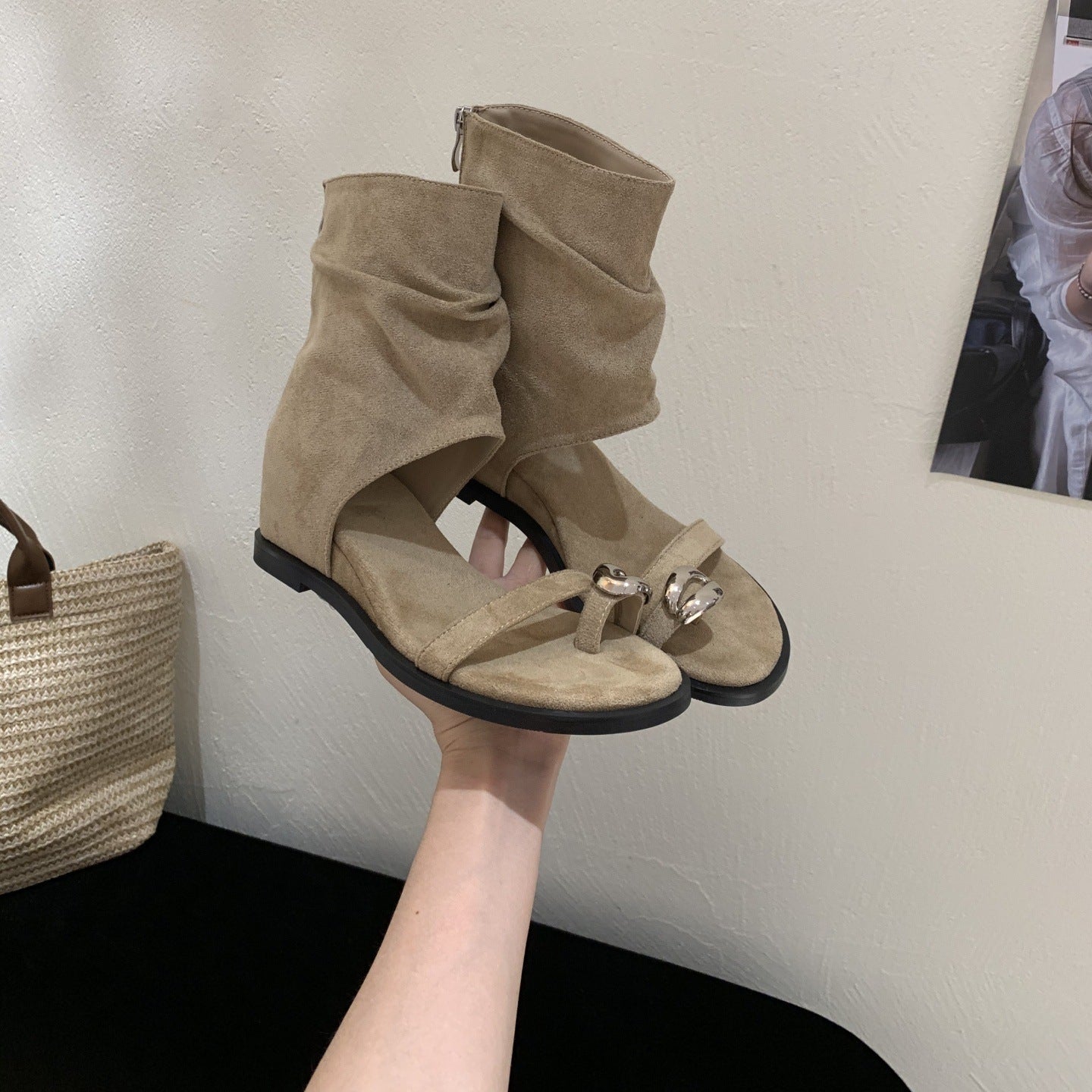 Women's Increasing Insole Retro Old Money Style Metal Buckle Open Toe Boots