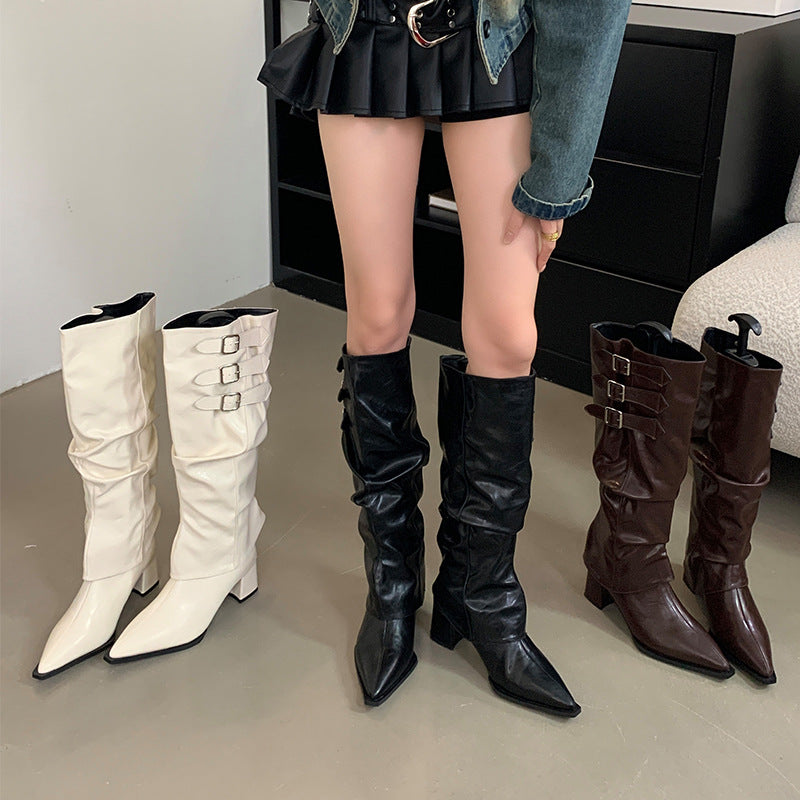 Women's Two-way Retro Hot Style High Long Thick Pleated Women's Leather Boots