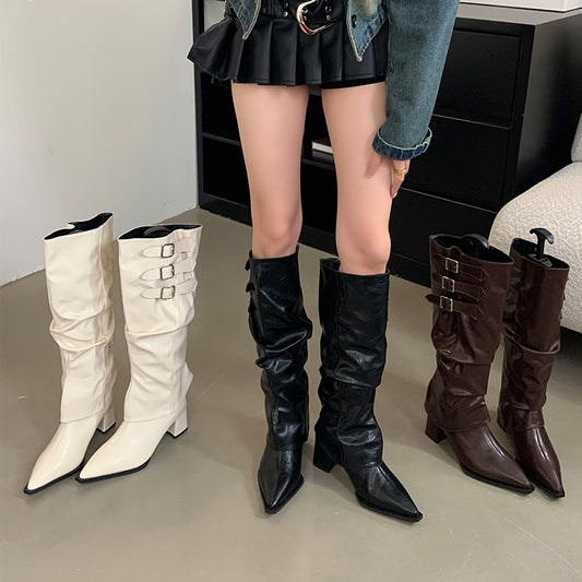 Women's Two-way Retro Hot Style High Long Thick Pleated Women's Leather Boots