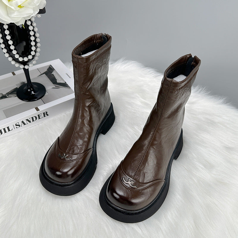 Women's British Chelsea Thin Booties Fashionable Simple Round Toe Women's Leather Boots