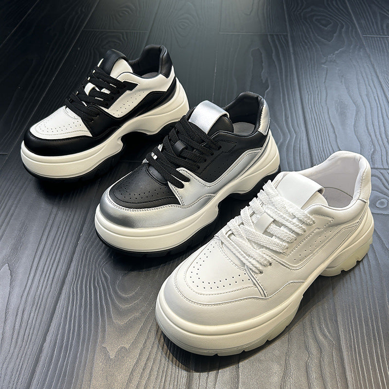 Women's Platform White Lace Up Increased Versatile Leather Shoes