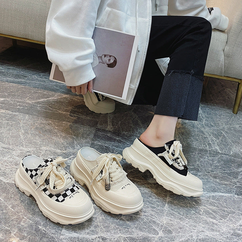 Women's Summer Thick Bottom Slip-on Chessboard Plaid Dad Height Increasing Slippers