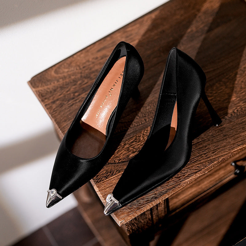 Women's Metal Toe Cap Diamond Sheepskin French High Women's Shoes