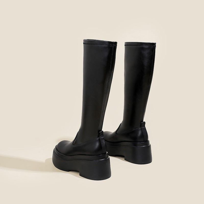 Women's Thick Sole Height Increasing Small Below The Knee Leg Women's Leather Boots