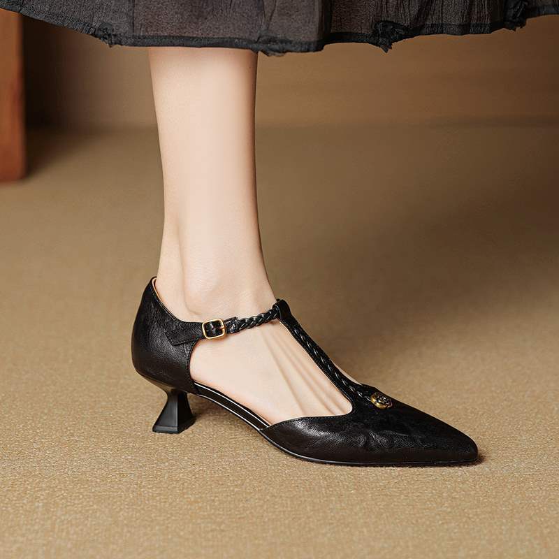 Women's French Retro Camellia Closed Toe Genuine High Heeled Sandals