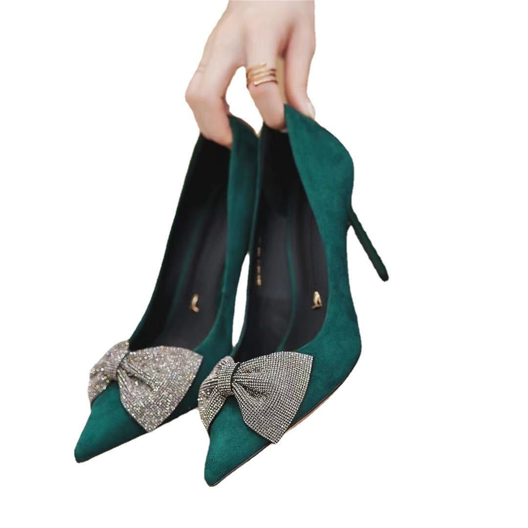 Women's High Pointed Stiletto Shallow Mouth Suede Rhinestones Bow Graceful Heels