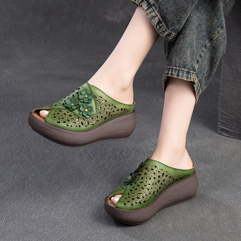 National Style Wedge Peep Toe Hollow Breathable Fashionable Slippers