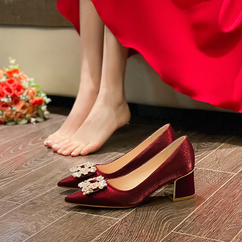 Square Buckle Chunky Mother's Red Wedding Women's Fashion Shoes