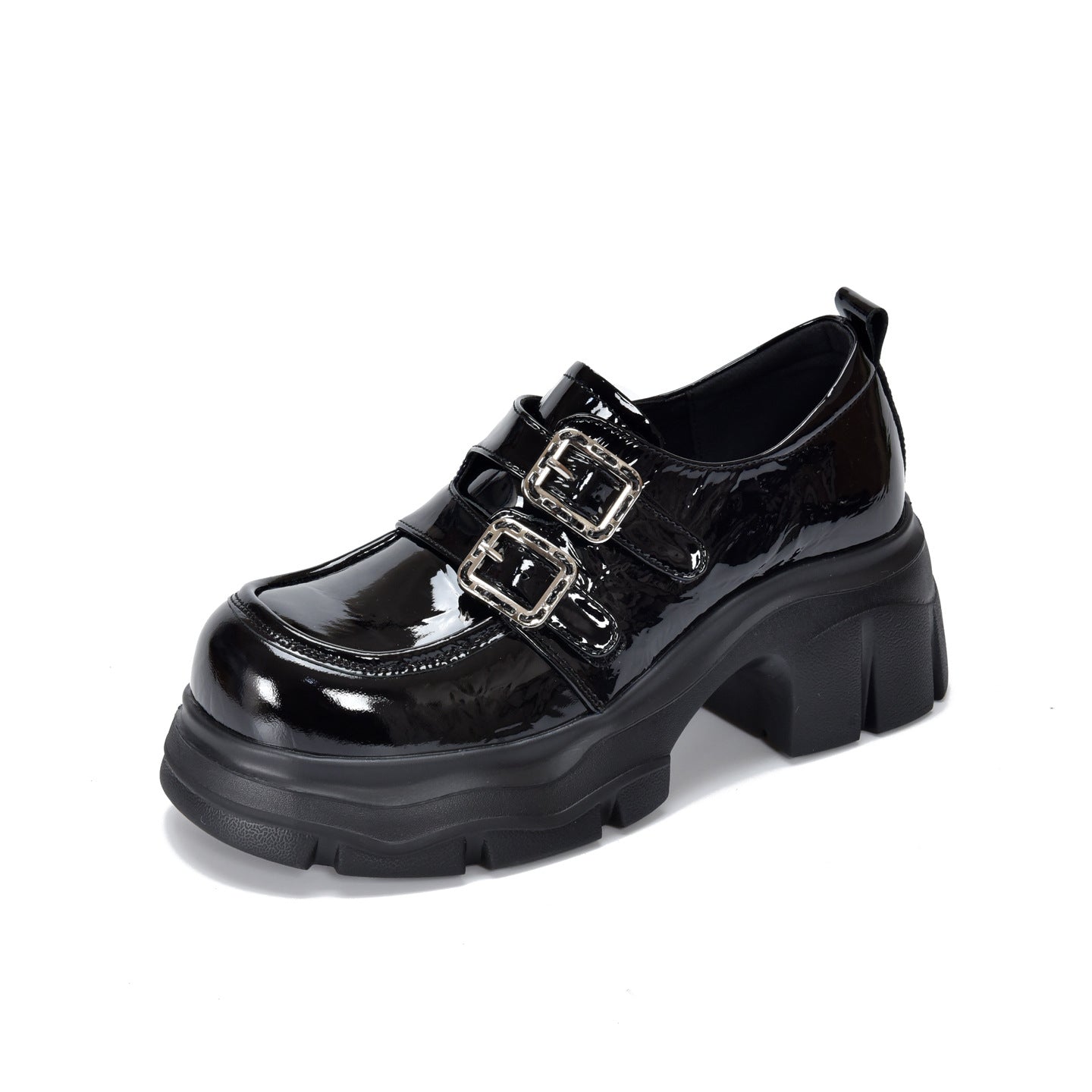 Women's Patent First Layer Cowhide Platform Double Buckle Commuter Round Loafers