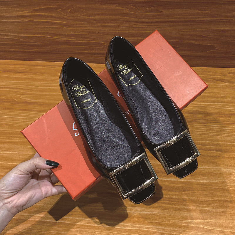 Women's Square Buckle Toe Flats Patent Low-cut Women's Shoes
