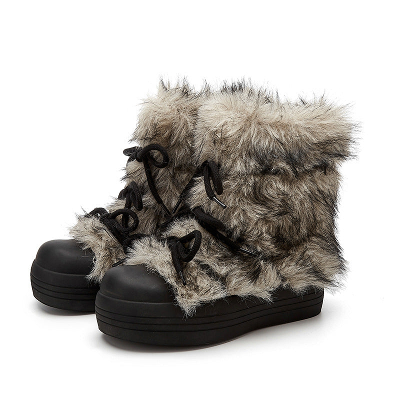 Platinum Plush Warm Long Wool Bow Round Toe Boots