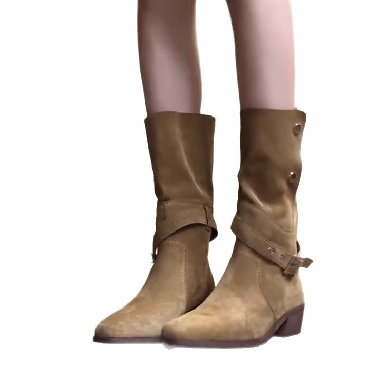 Women's Below The Knee Pile Style Chunky Knight Pleated Western Women's Leather Boots