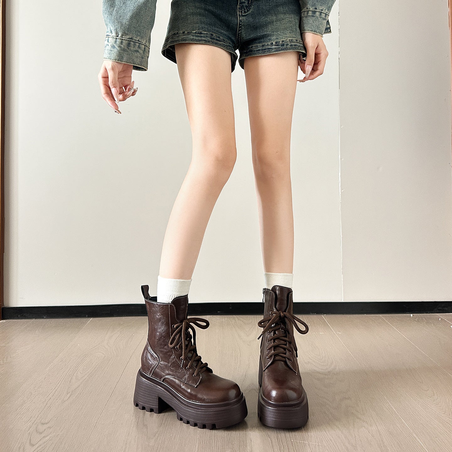 Women's Hight Increasing Martin Platform Single Lace Up Women's Leather Boots
