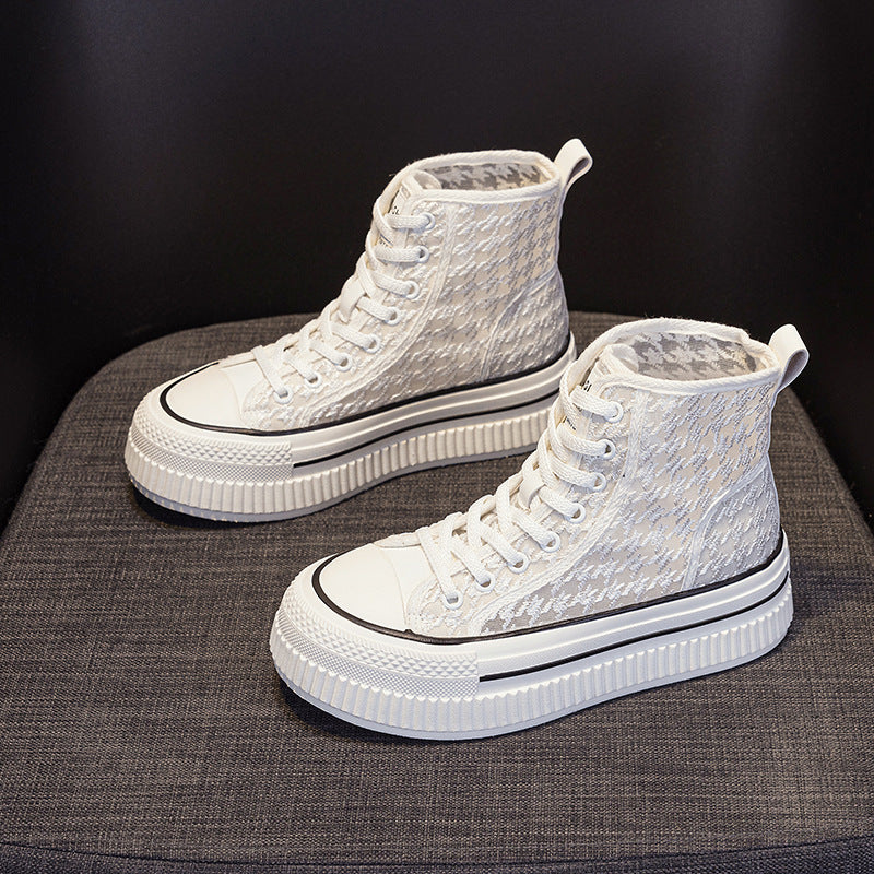Women's High Top White Genuine Platform Round Toe Stitching Sneakers