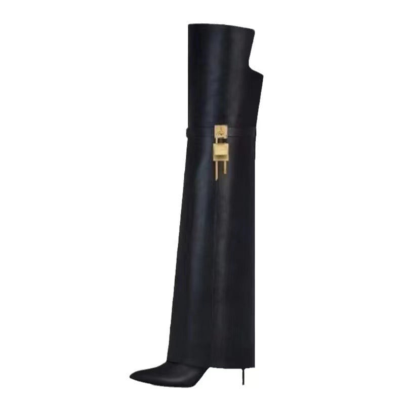 Women's Model Style Pantyhose Pointed Metal Buckle Skirt Stiletto Women's Leather Boots