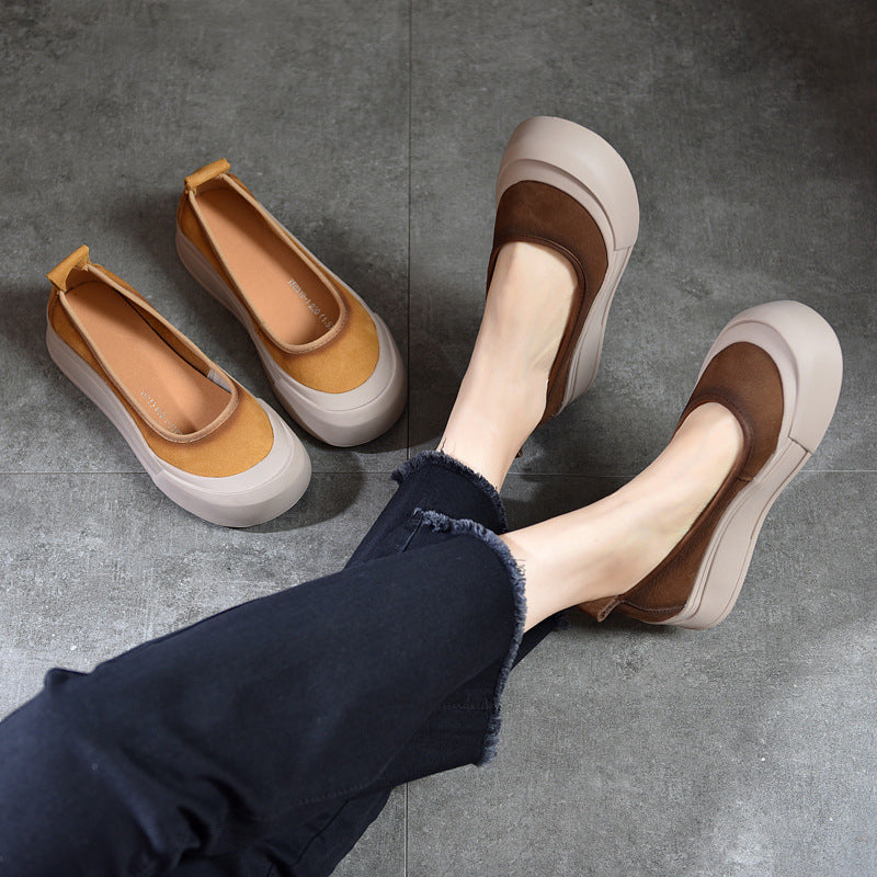 Women's Genuine Round Toe Low-cut Slip-on Flat Leather Shoes