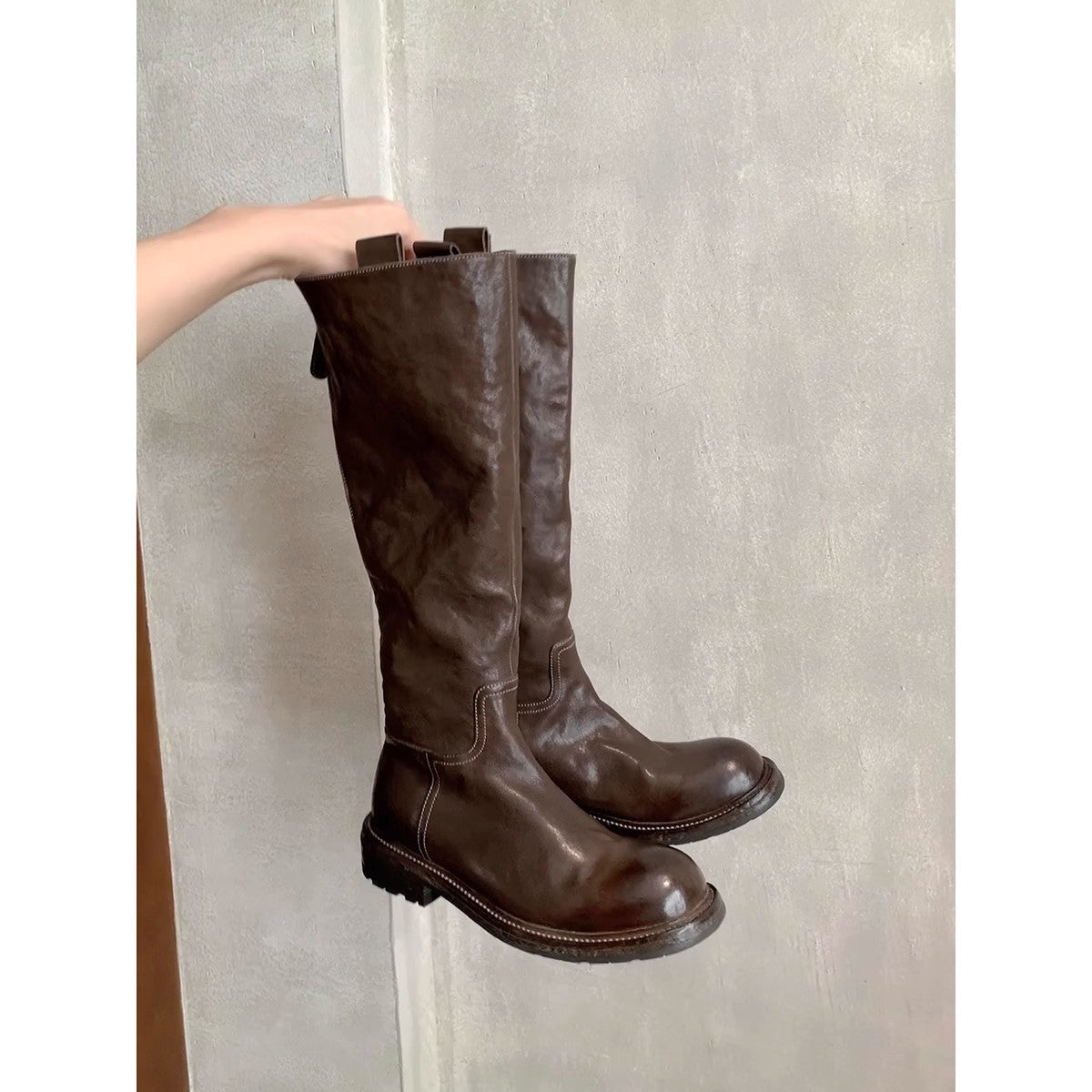 Second Hair Grape Mom Retro Washed Horse Slimming Zipper Chunky Women's Leather Boots