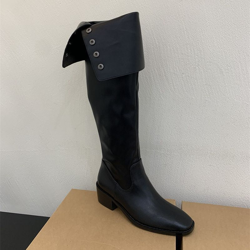 Style Large Tube Circumference Thick Below The Knee Rivet Soft Women's Leather Boots