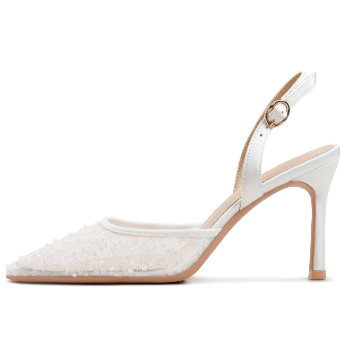 Women's Selection Summer Sequin Hollow White Lace Pointed Toe Satin Officiate High Heeled Sandals
