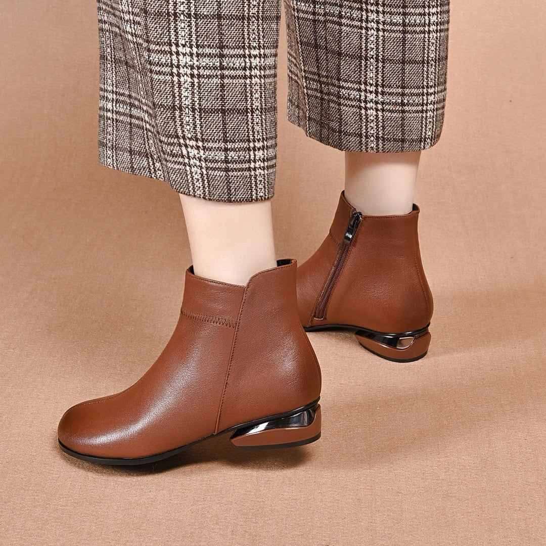 Women's Soft Bottom Brown British Round Head Women's Leather Boots