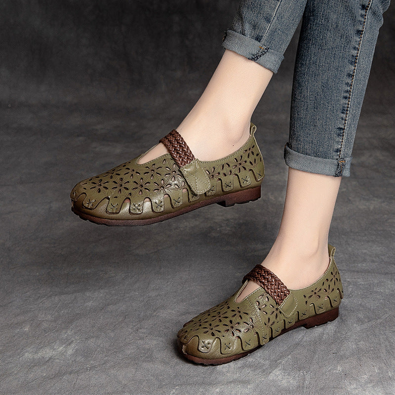 Women's Shu Retro Hollow Hole First Layer Flat Sandals