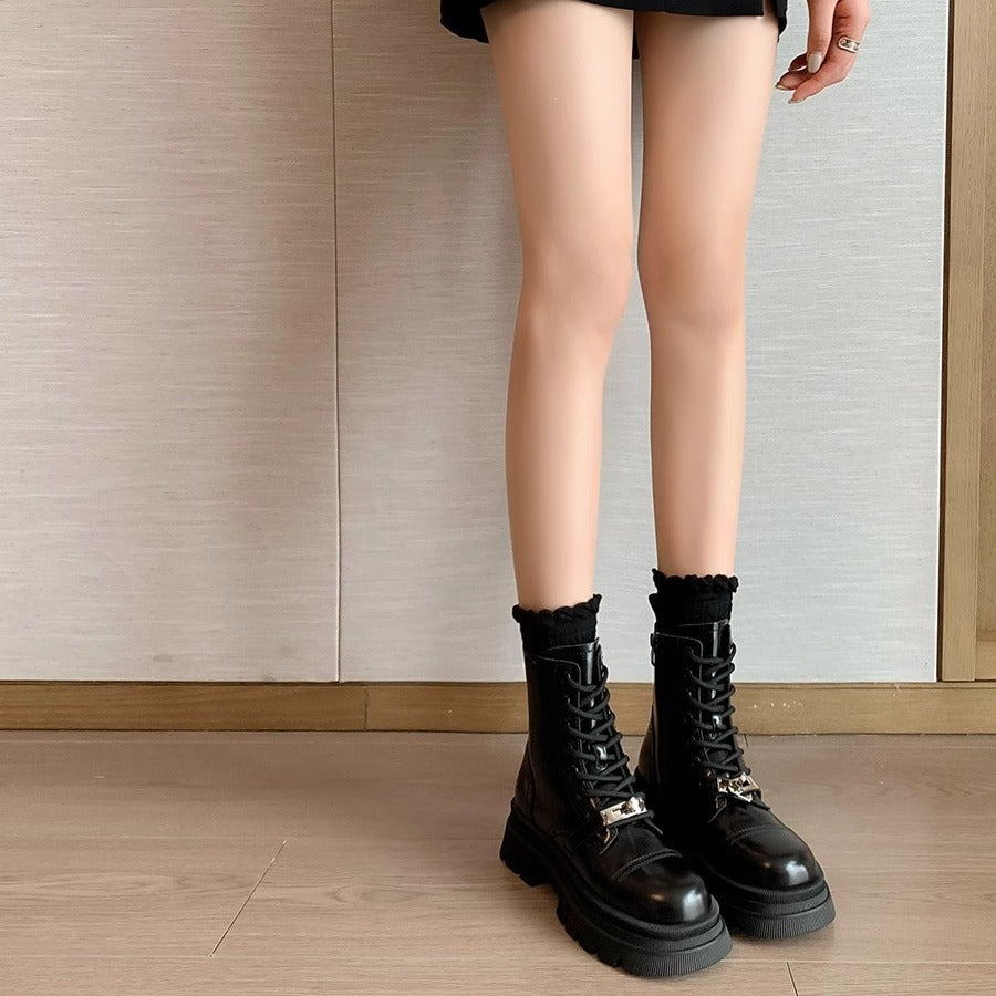 Women's Cowhide Version Thick Bottom Height Increasing Small British Style Martin Boots