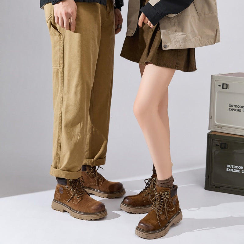 Wang Worker Couple Outdoor Travel Height Increasing Insole Platform Women's Leather Boots