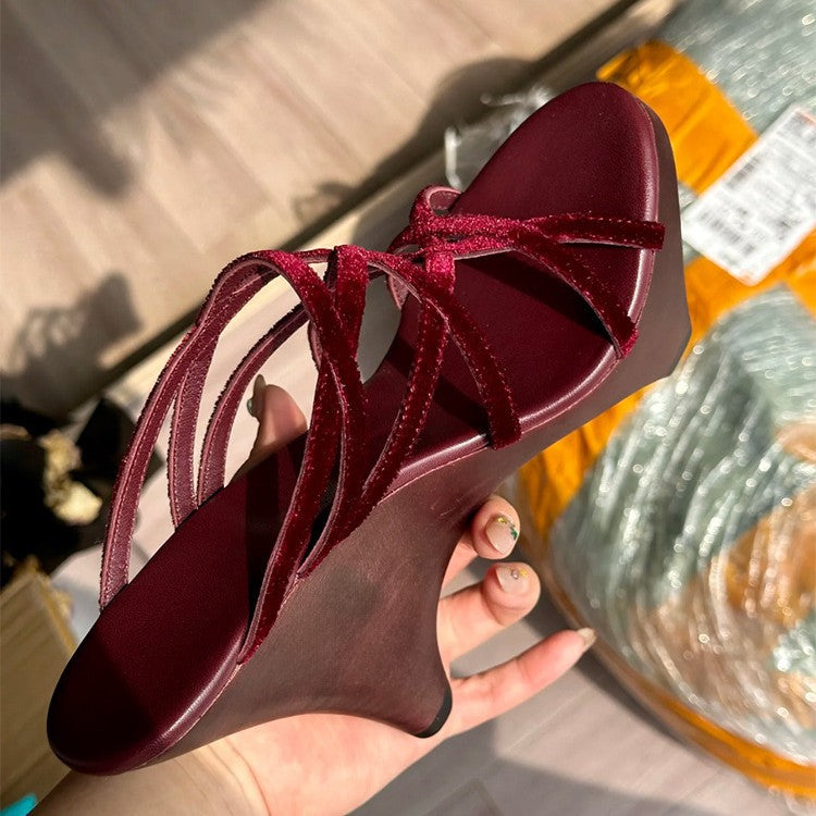 Women's Platform Suede Stiletto Wedge Cross Strap Open Toe Thick-soles Slippers
