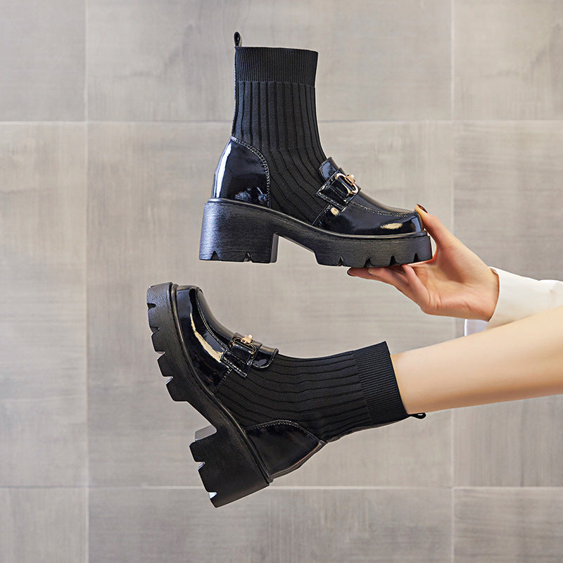 High-heeled Ankle Thick Socks Integrated With Wide Leg Pants Skirt Women's Casual Shoes