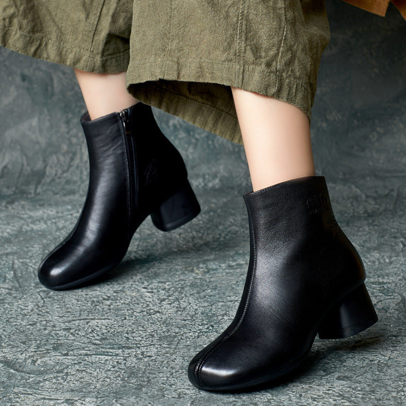 Style Handsome Handmade Cowhide Square Toe Chunky Heels