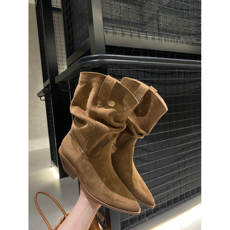 Versatile Retro Ankle Korean Style Chunky Sleeve Short Pleated Women's Leather Boots