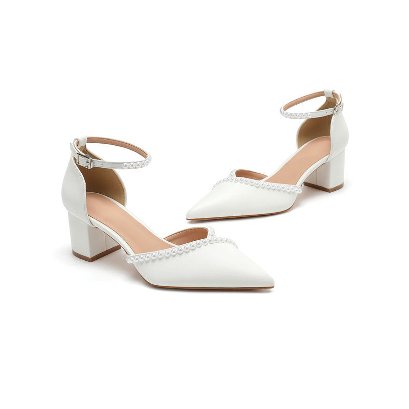 Women's Buckle Hollow Chunky Handmade Sticker Pearl Niche Shallow Mouth Pumps Women's Fashion Shoes