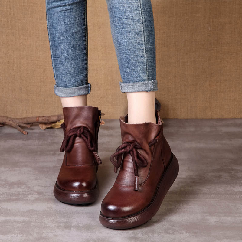 Women's First Layer Of Cowhide Platform Wedge Boots