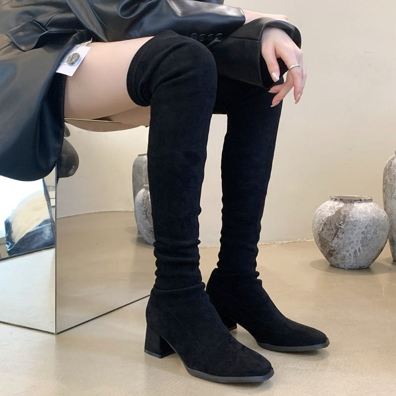 Long Female Tube Tail Soft Suede Chunky Fashion Women's Leather Boots