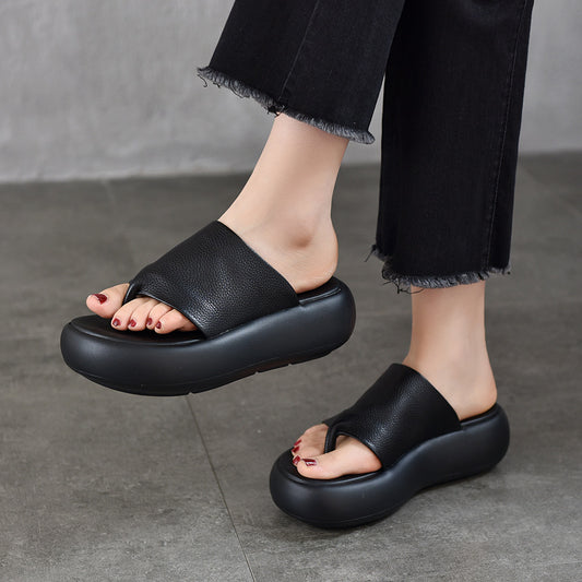 Women's Genuine Flip-flops Lightweight Platform Outerwear Cowhide Sandals