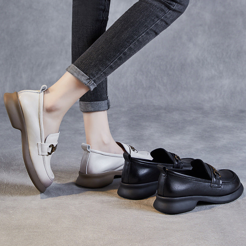 Women's Genuine Spring Slip-on Soft Bottom Cowhide Round Head Loafers