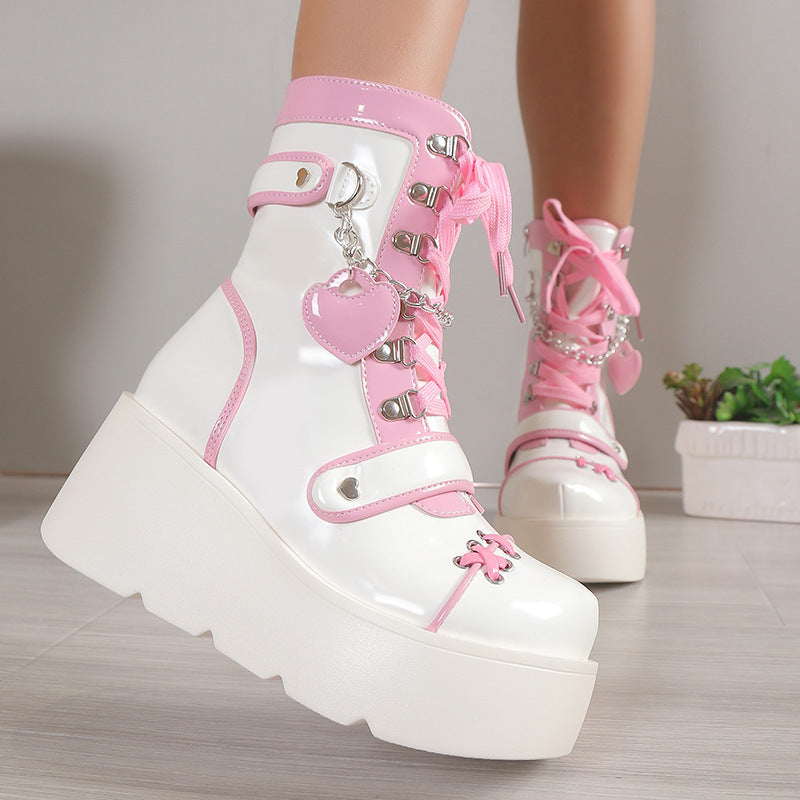 Women's Bottom Punk Motorcycle Platform Middle Tube Cute Hot Women's Leather Boots
