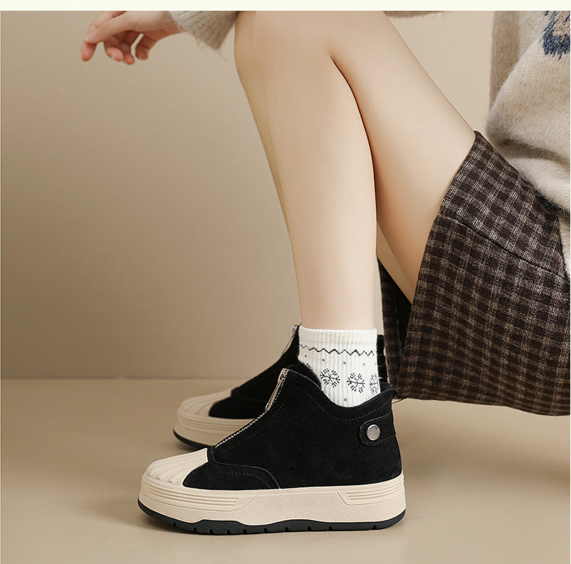 Women's Genuine Front Zipper Flat Shell Toe Board Women's Leather Boots
