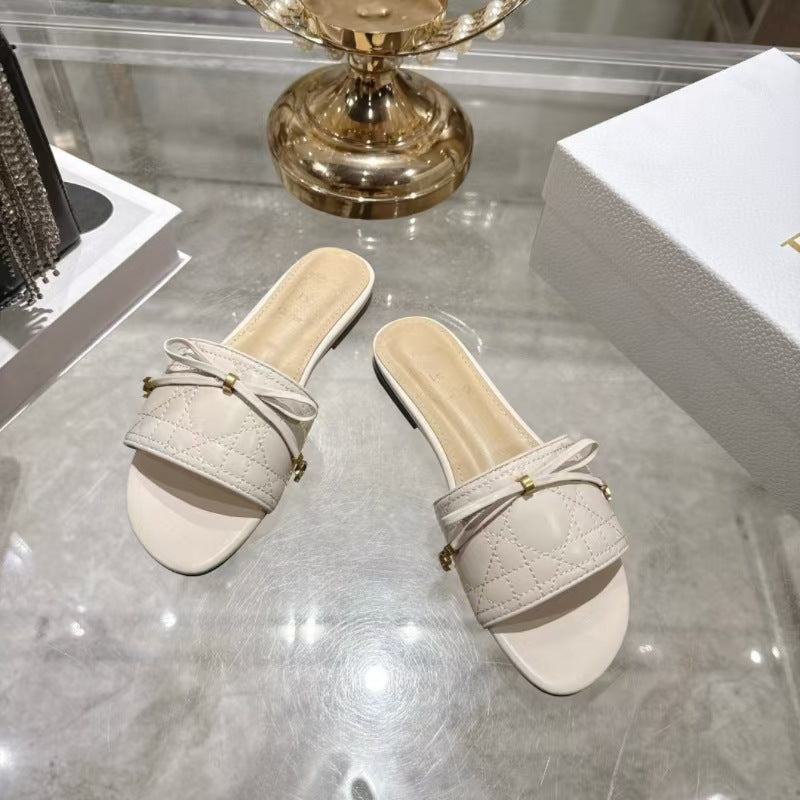 Quality Summer Electric Embroidery Rattan Plaid Bow Open Toe Flat Slippers